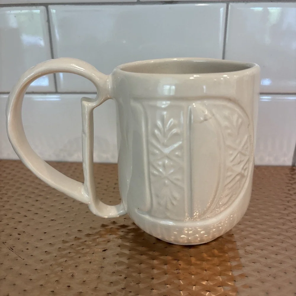Pottery Barn A-Z Monogram Raised Letter D Coffee Tea Cup Mug Ornate Handle Ivory